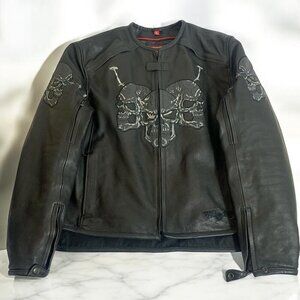 First Racing Black Leather Motorcycle Jacket Skulls XL